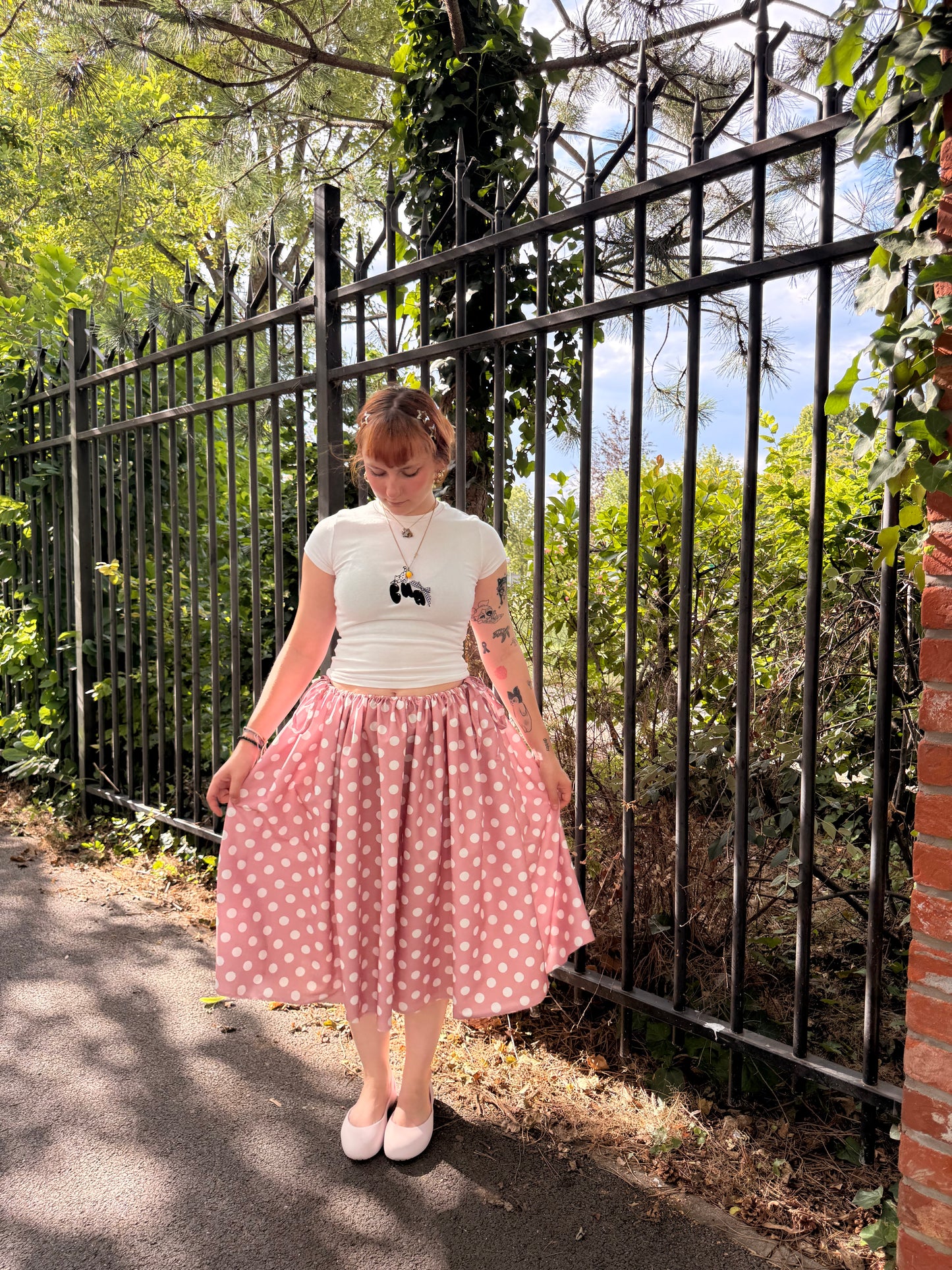 Jupe socky rose à pois blanc