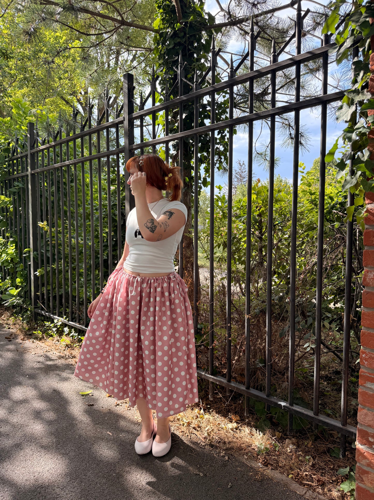 Jupe socky rose à pois blanc