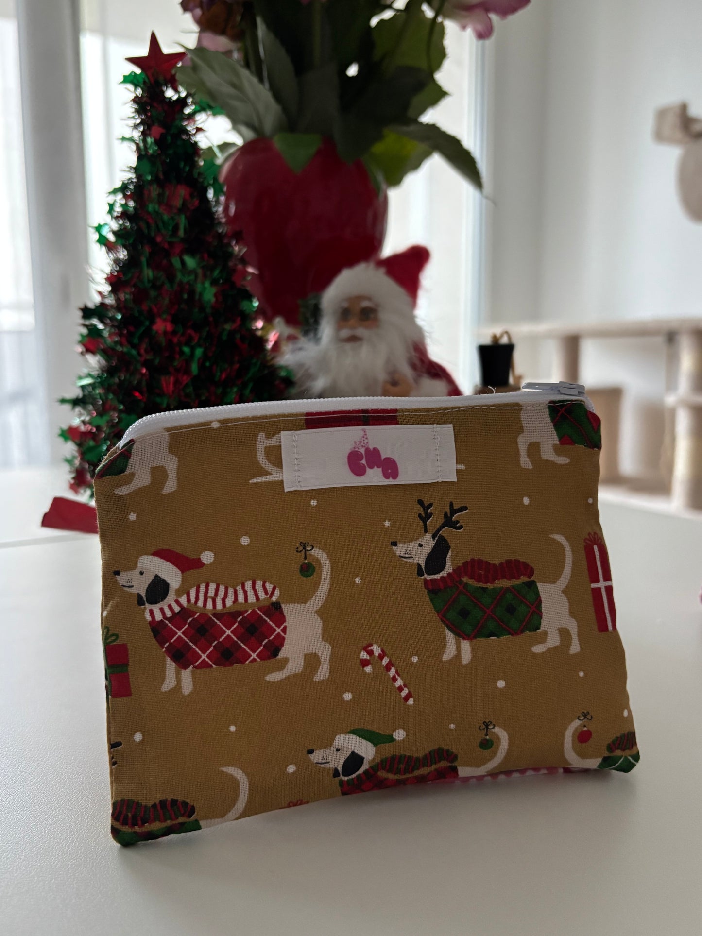 pochette à zip chien noel