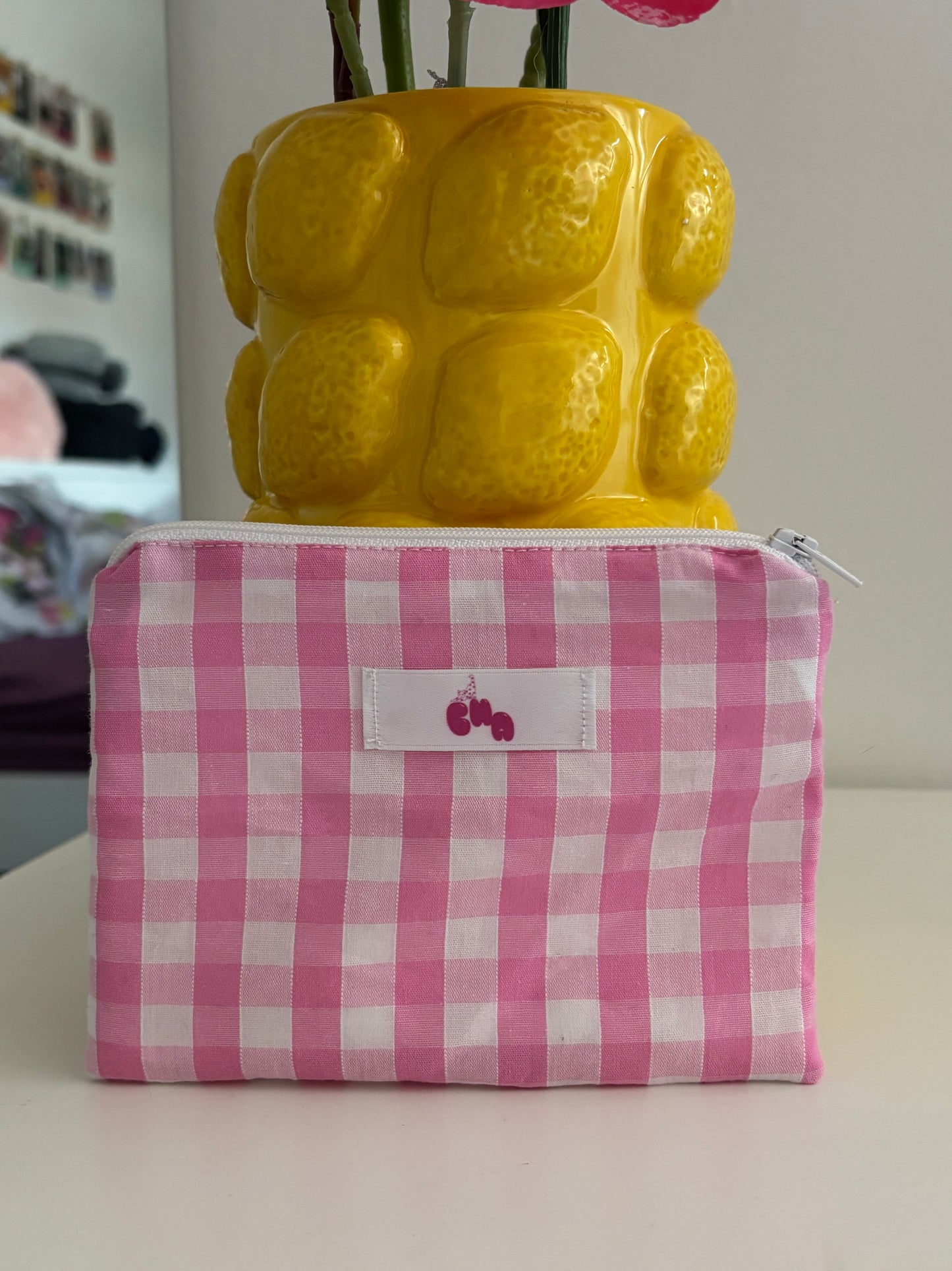 pochette à zip vichy rose