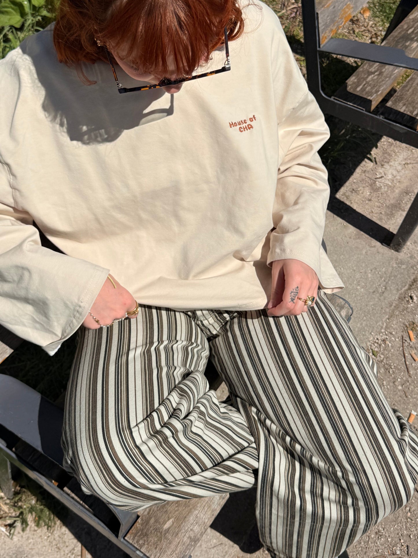 Jeans rayé beige