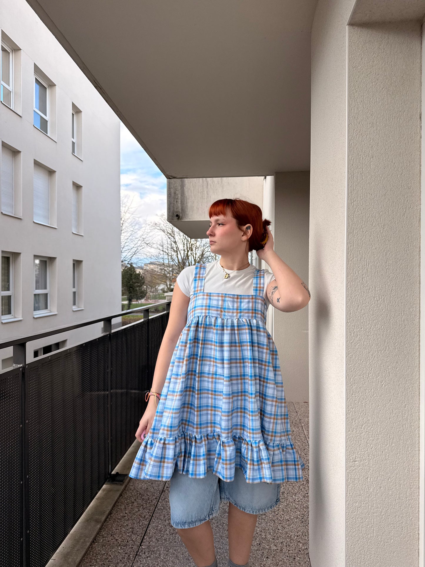 Robe courte Froufrou à carreaux bleu