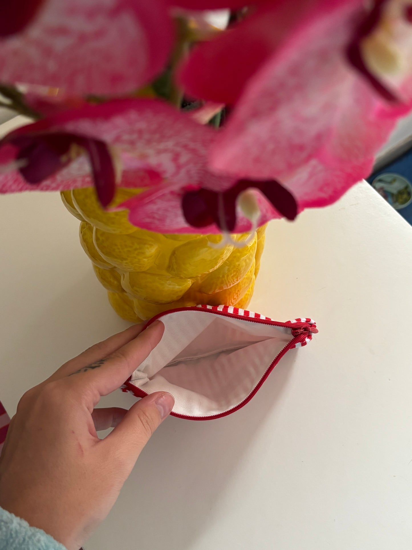 pochette à zip rayure rouge