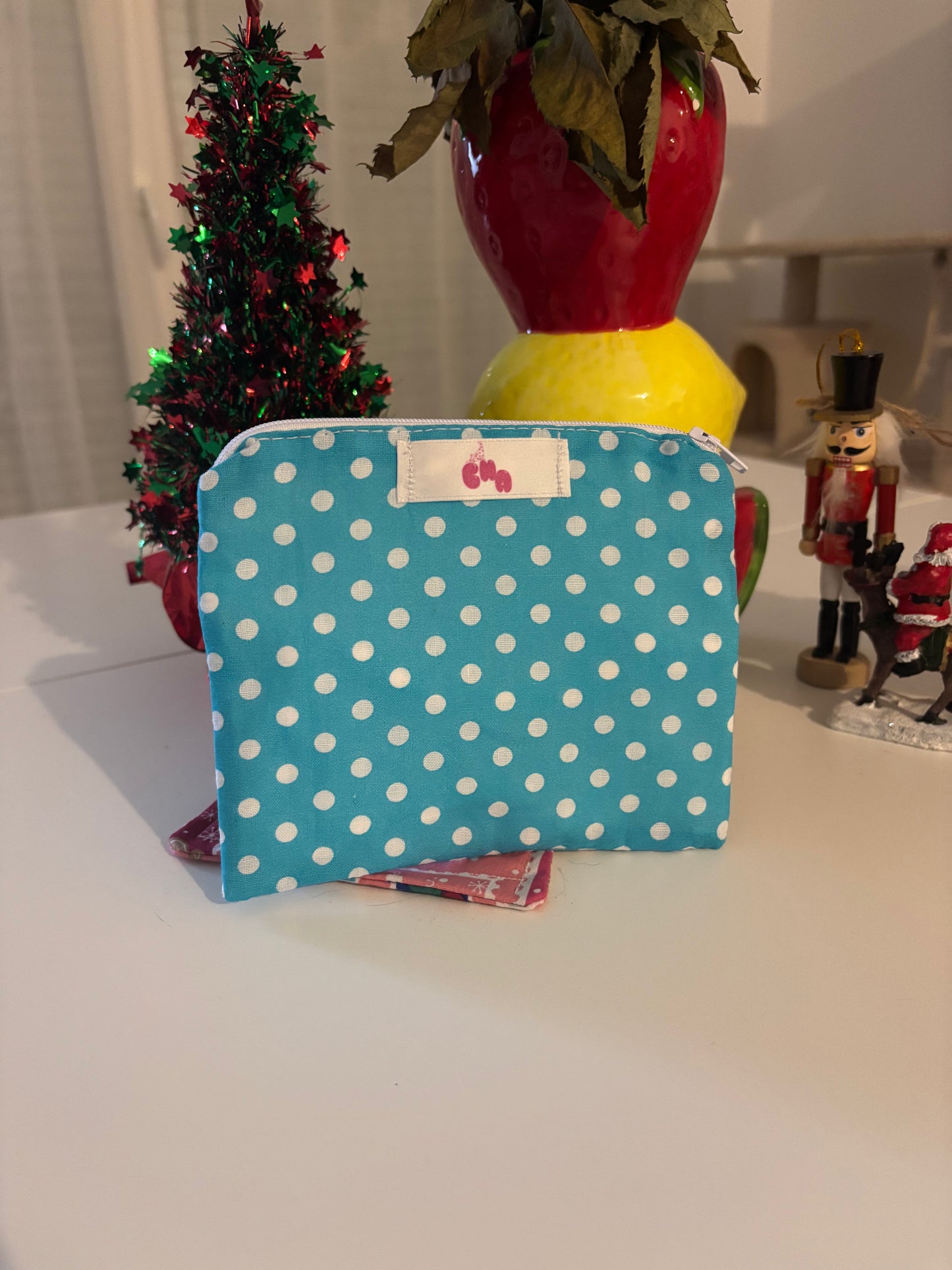 pochette à zip pois bleu